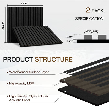 Wood Slat Acoustic Panels for Wall, 23.6" x 23.6" 2Pcs, Black Oak