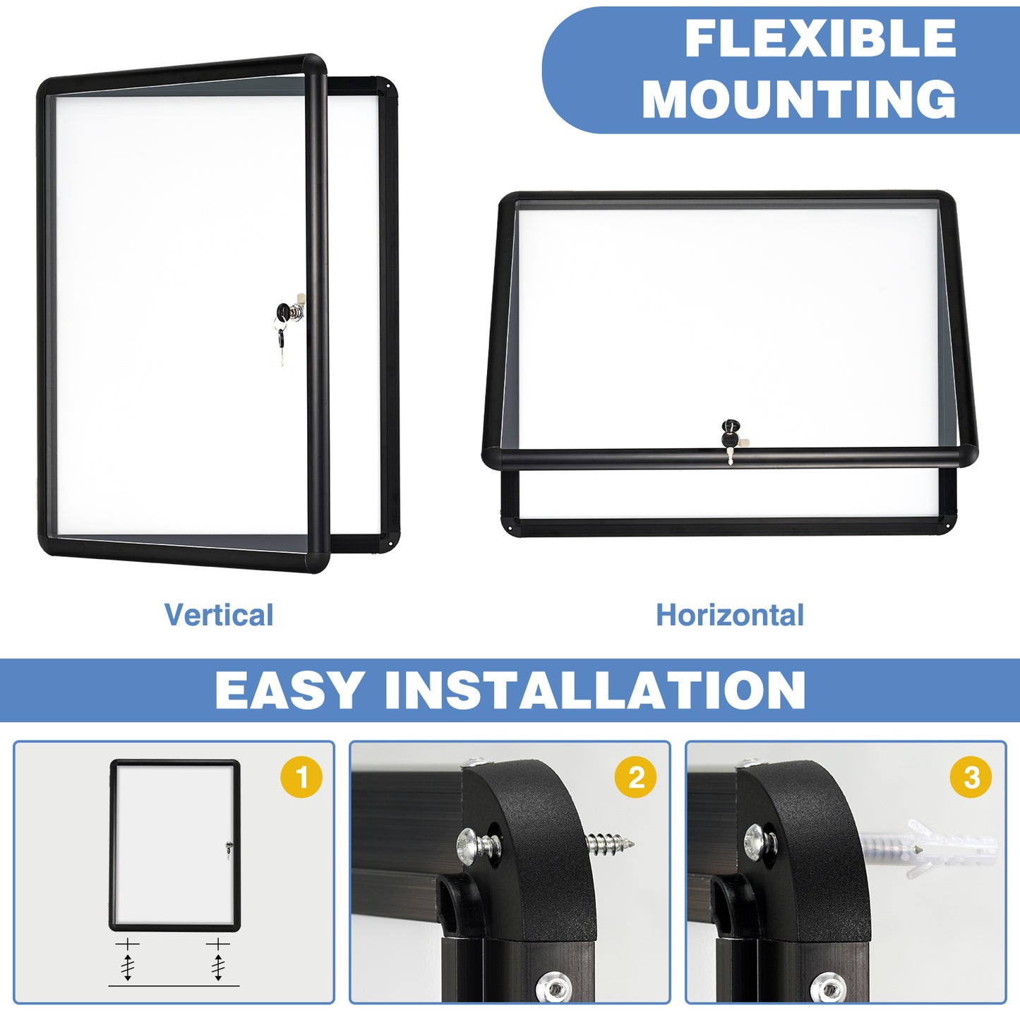 Tamperproof Lockable Magnetic Dry Erase Board 26"x20" Enclosed Notice Board, Black