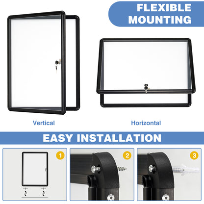 Tamperproof Lockable Magnetic Dry Erase Board 26"x20" Enclosed Notice Board, Black