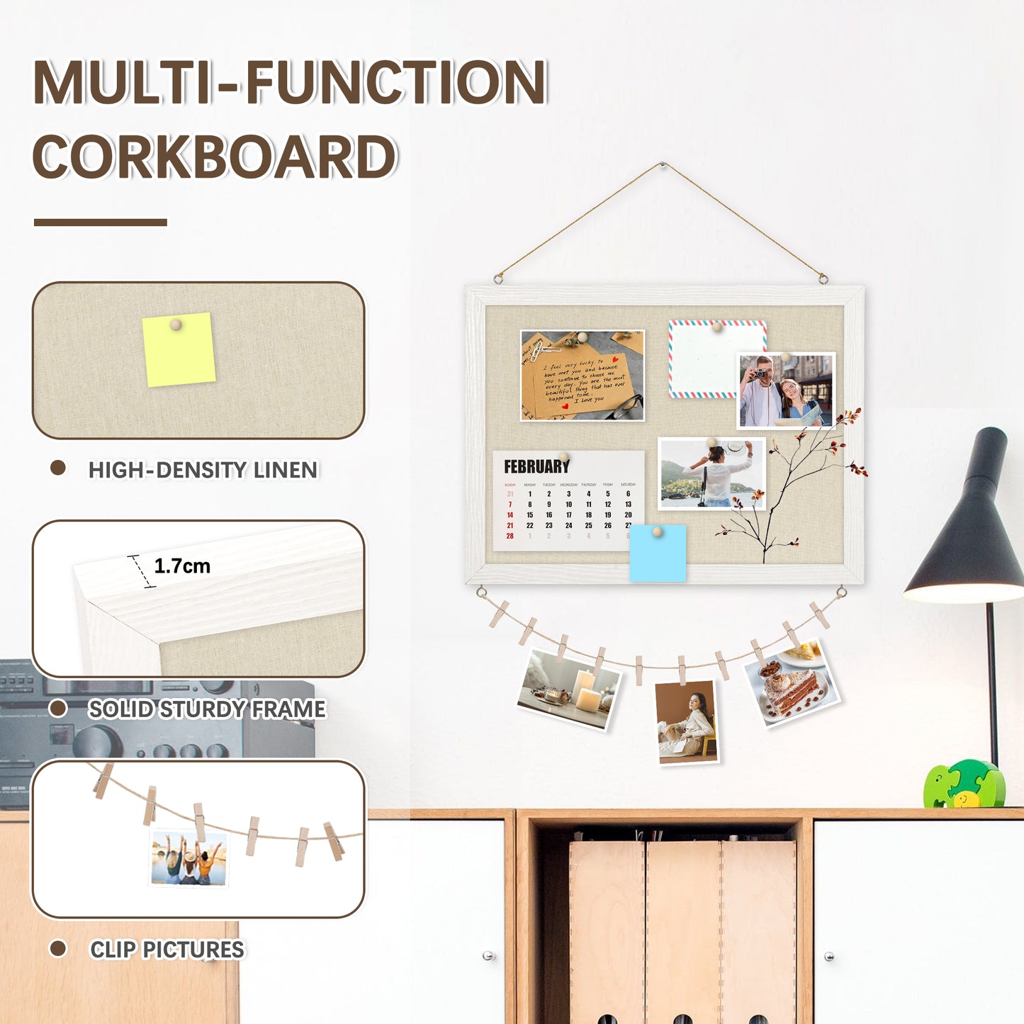 Linen Board 1-Pack 16''X 12'' Double-Sided, Wood Framed with 10 Pushpins, White