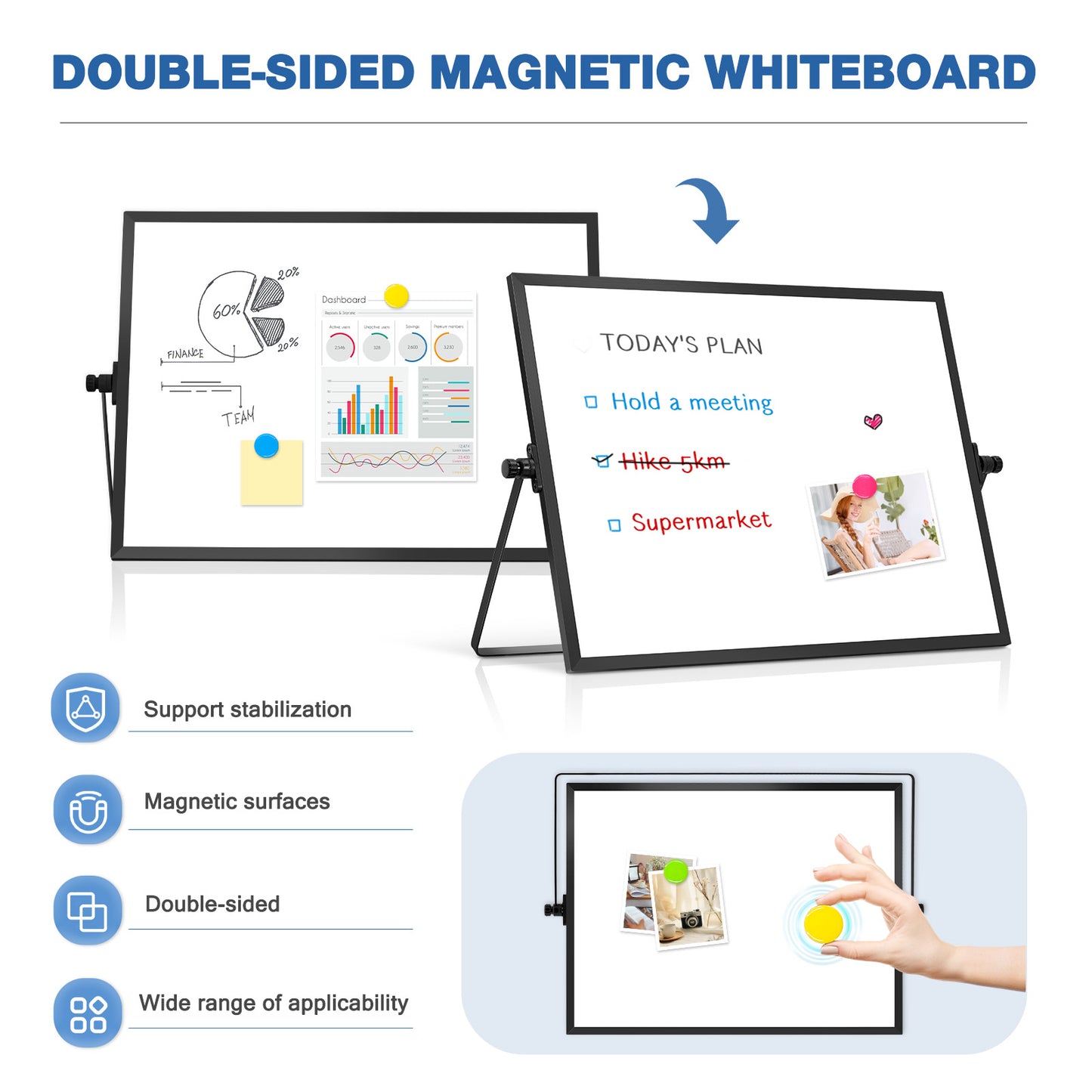 Small White Board with Stand, 16" x 12", Double-Sided with 8 Markers 8 Magnets 1 Eraser-Black