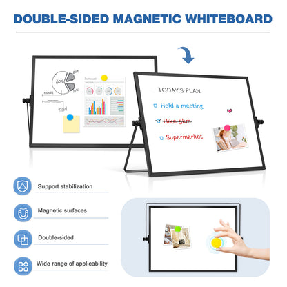 Small White Board with Stand, 16" x 12", Double-Sided with 8 Markers 8 Magnets 1 Eraser-Black