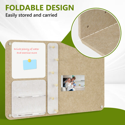 Felt Bulletin Board 24 x 16 In Foldable with Magnetic Whiteboard Dry Erase, Peg Board Acrylic Shelf, Horizonal Latte