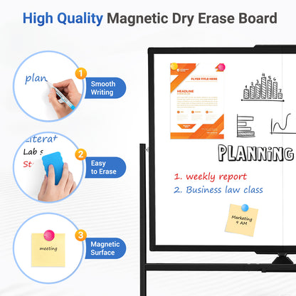 Rolling Dry Erase Board 48 x 36 Double Sided Easel Style Whiteboard with Wheels Mobile Standing White Board with Stand for Office, Classroom & Home, Black