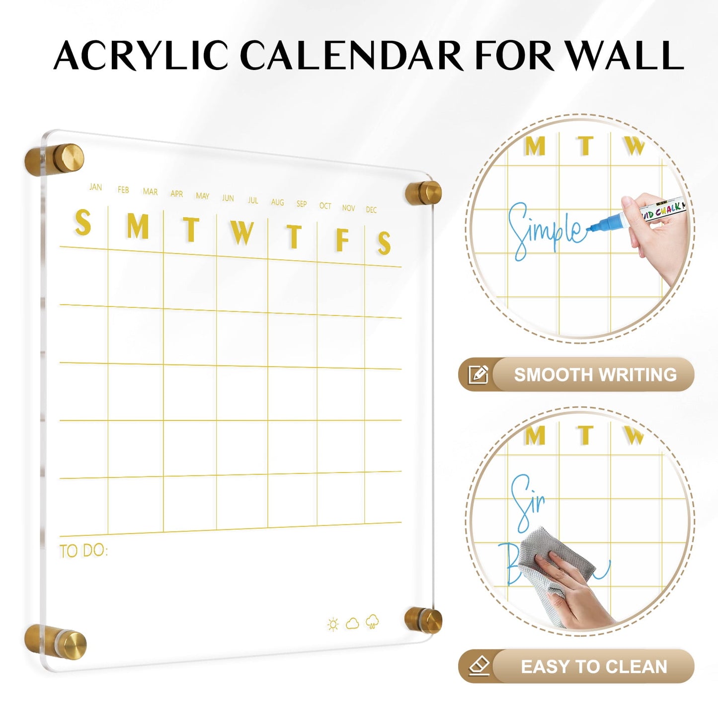 Acrylic Calendar for Wall Small 12x12 inch Golden Clear Dry Erase Board Non-Magnetic Planner Wall Mounted Board