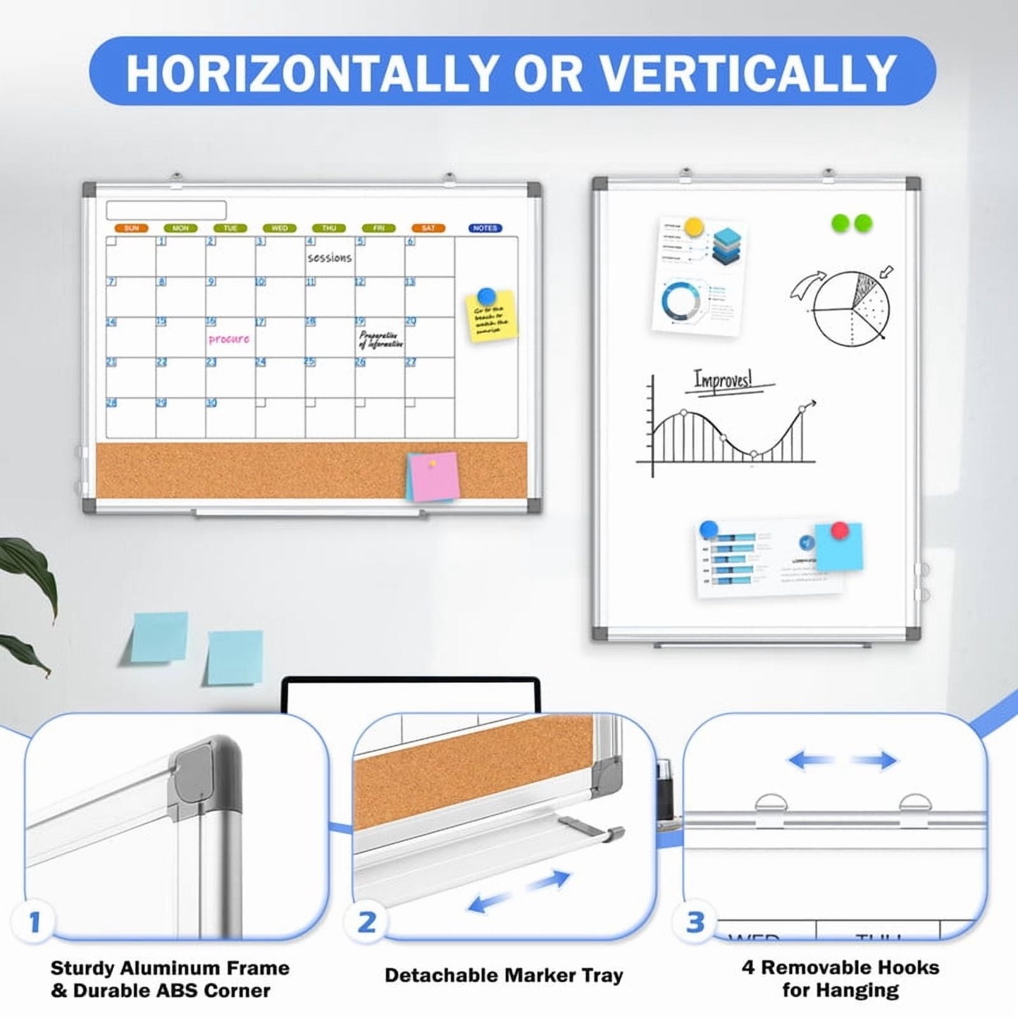 Magnetic Whiteboard Calendar Whiteboard Dry Erase Cork Board Combination Double-Sided Monthly White Boar for Wall