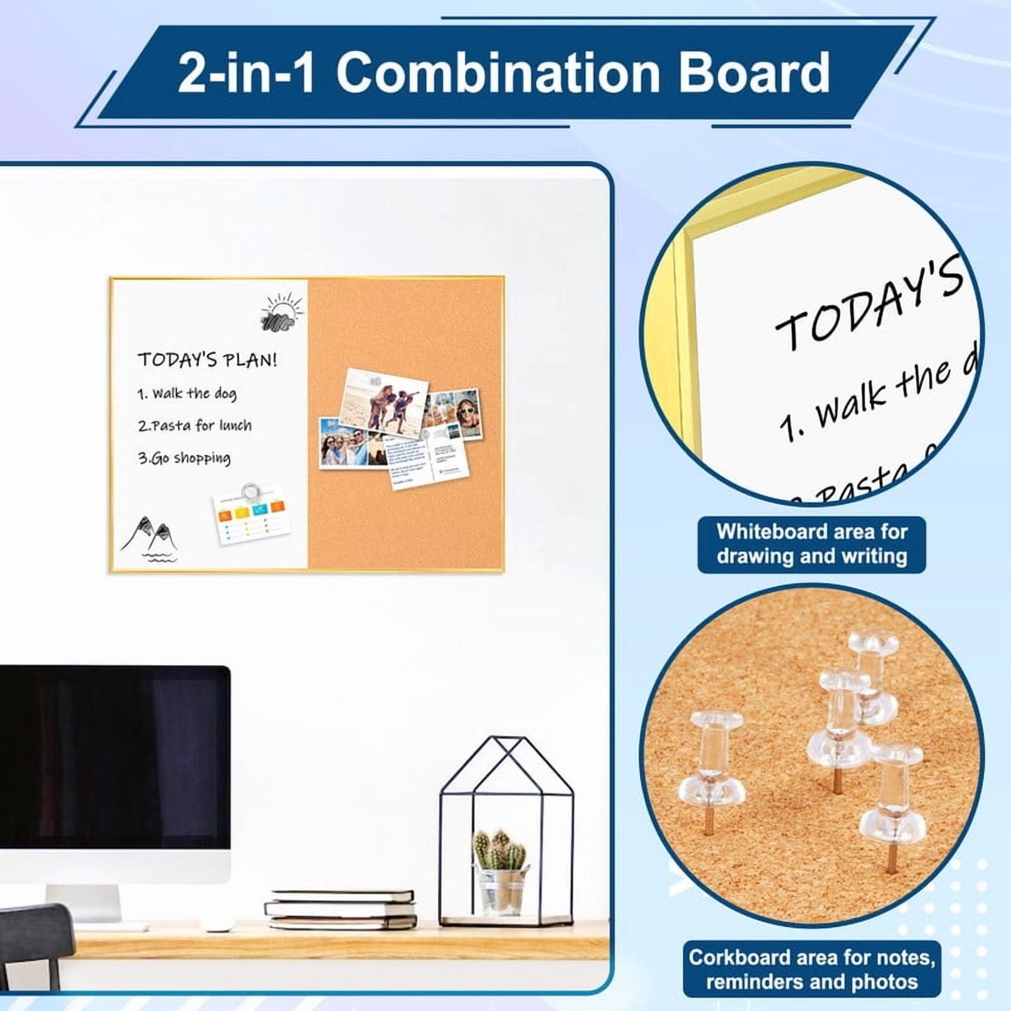 Cork Board Magnetic Dry Erase Board Combo Lage Whiteboard and Bulletin Board Combination Gold Frame