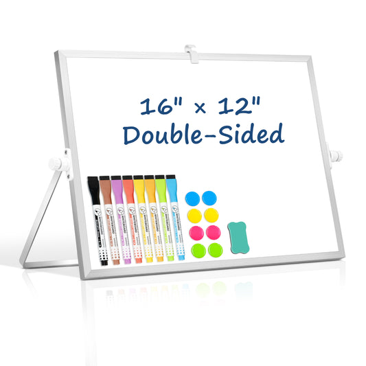 Small White Board with Stand, 16" x 12", Double-Sided with 8 Markers 8 Magnets 1 Eraser-Silver