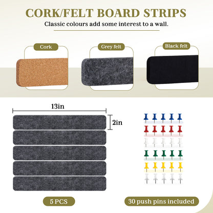 5 Pcs Felt Cork Board Strips, 0.5" Thick, Self-Adhesive 13"x 2" with 30 Pushpins, Grey