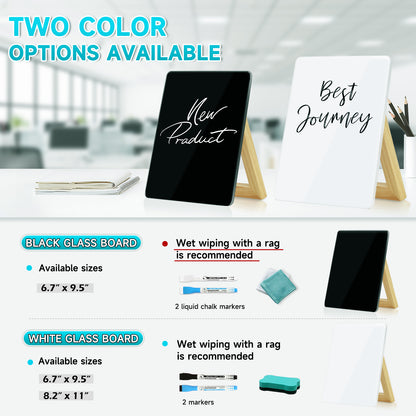 Desktop Black Glass Dry Erase Whiteboard with Reversible Wood Stand Small Whiteboard