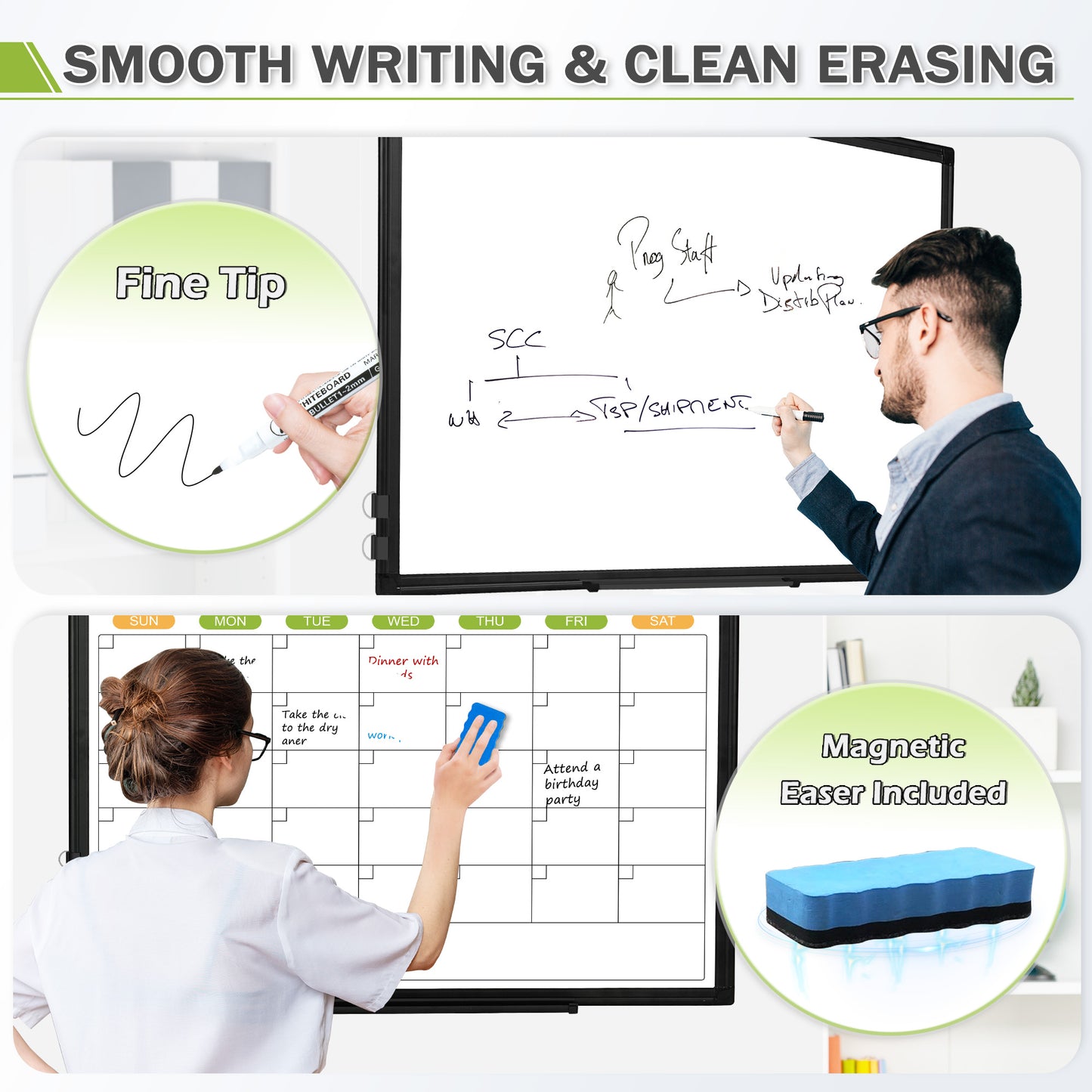 Magnetic Whiteboard Calendar for Wall, Double-Sided, with 4 Markers 8 Magnets 1 Eraser 1 Tray-Black