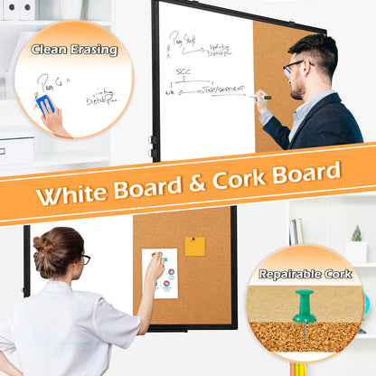 Whiteboard Corkboard Combo, Double-Sided Dry Erase Board with 4 Markers 6 Magnets 10 Pins 1 Eraser-Black