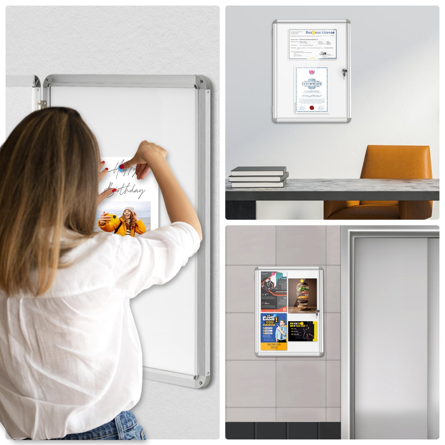 Lockable Notice Board 26"x20" Tamperproof Enclosed Display Board Whiteboard Cabinet, Sliver