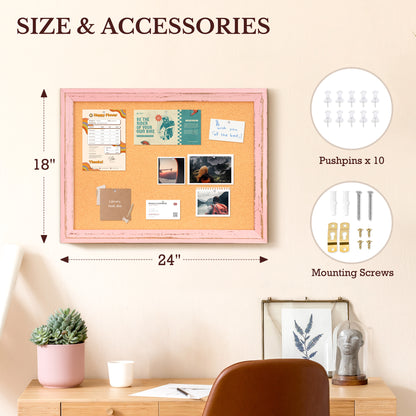 Cork Board for Wall, Bulletin Board Rustic Wooden Frame with 10 Pushpins, Pink