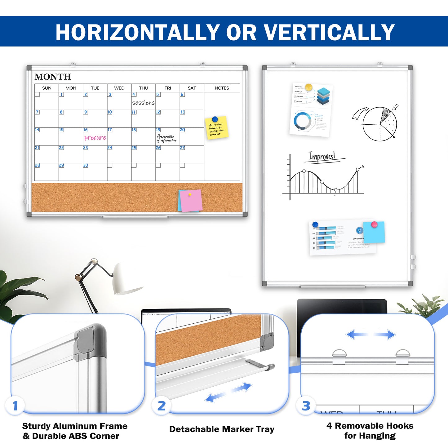 Monthly Calendar Whiteboard Dry Erase Cork Board Combination for Wall