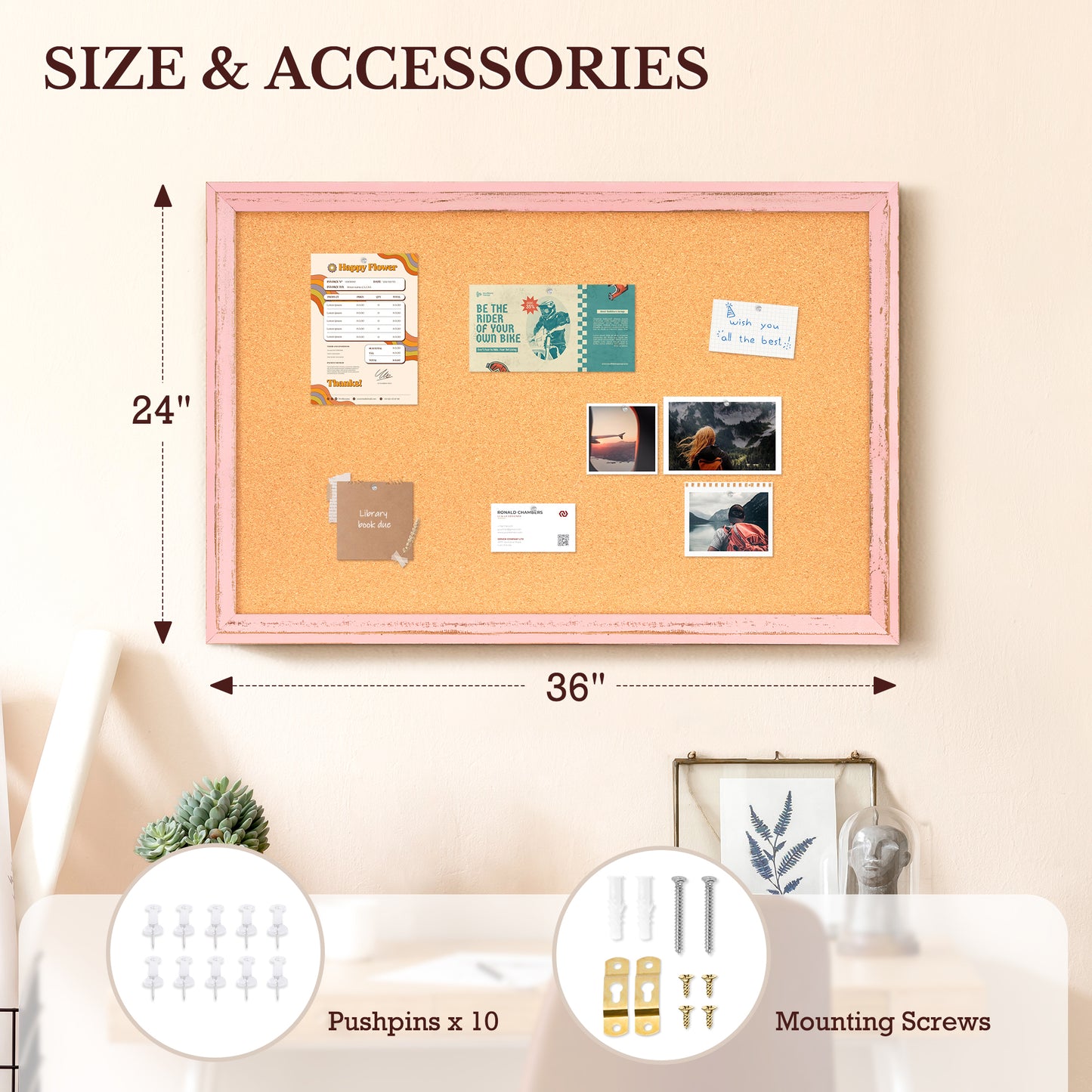 Cork Board for Wall, Bulletin Board Rustic Wooden Frame with 10 Pushpins, Pink