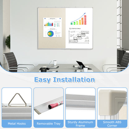 Foldable Linen Cork Board White Board Combo Double-Sided, Extra Large with 20 Pins 3 Markers 8 Magnets 1 Erase, White