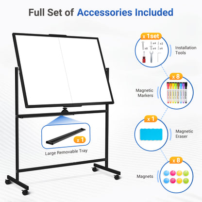 Rolling Dry Erase Board 48 x 36 Double Sided Easel Style Whiteboard with Wheels Mobile Standing White Board with Stand for Office, Classroom & Home, Black