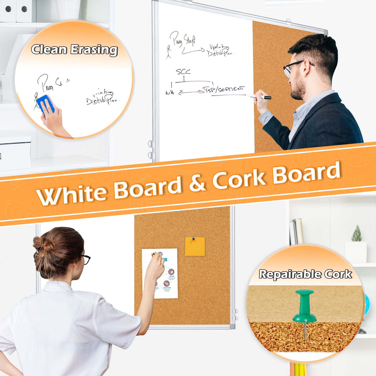 Whiteboard Corkboard Combo, Double-Sided Dry Erase Board with 4 Markers 6 Magnets 10 Pins 1 Eraser-Silver