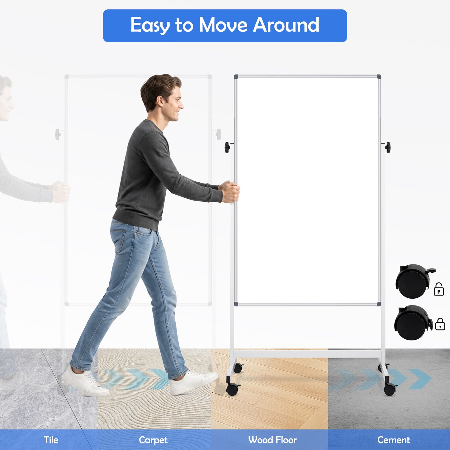 Rolling Whiteboard on Wheels, 48"x32" Height Adjustable Whiteboard Double-Sided Magnetic Dry Erase Board with Stand