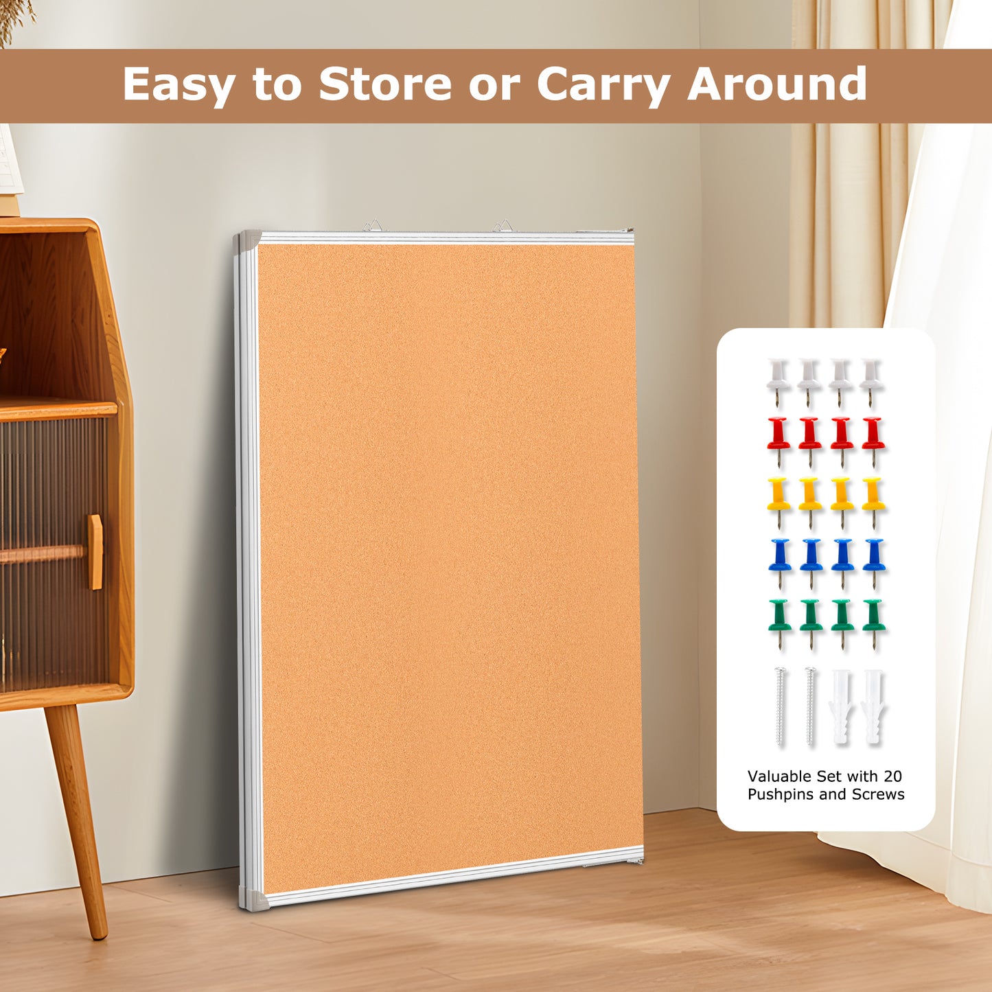 Foldable Cork Board, Double-Sided Large Corkboard for Wall Aluminum Frame with 20 Pins