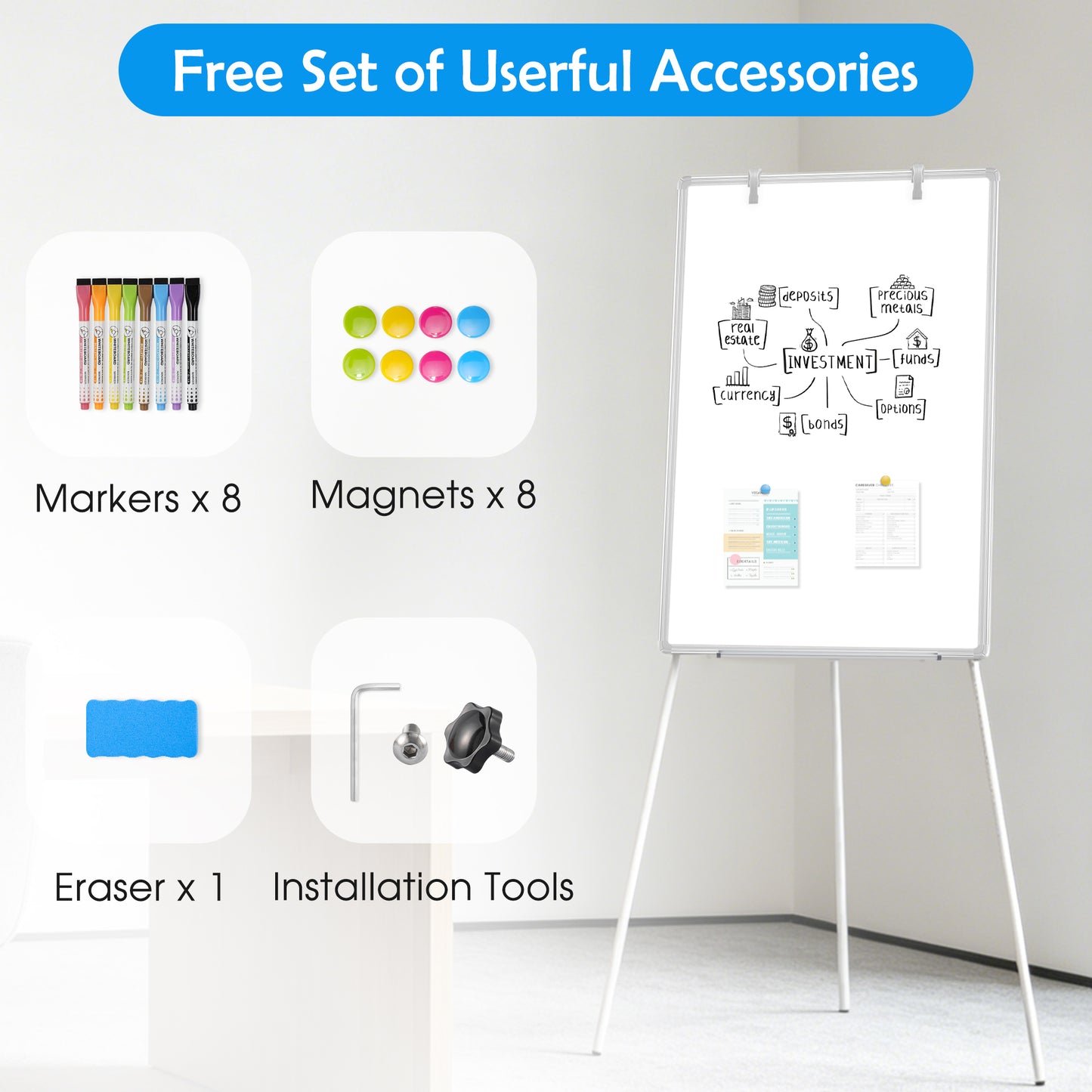 Whiteboard Easel with Stand 36" x 24" Height Adjustable Tripod Stand Portable Magnetic Dry Erase White Board, Sliver