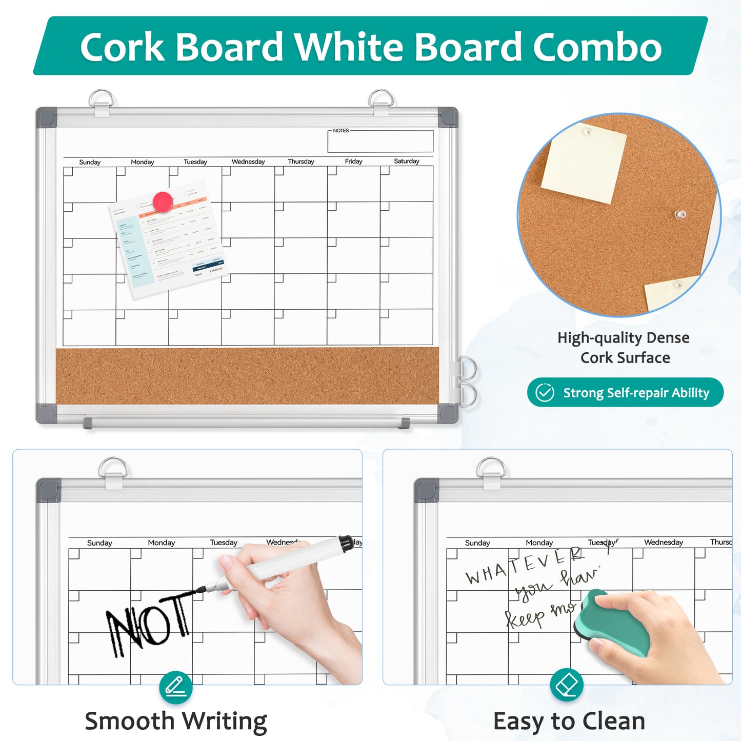 Monthly Calendar Whiteboard 16" x 12" Magnetic Dry Erase Board Dry Erase Cork Board Combination for Wall
