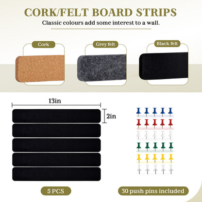 5 Pcs Felt Cork Board Strips, 0.5" Thick, Self-Adhesive 13"x 2" with 30 Pushpins, Black