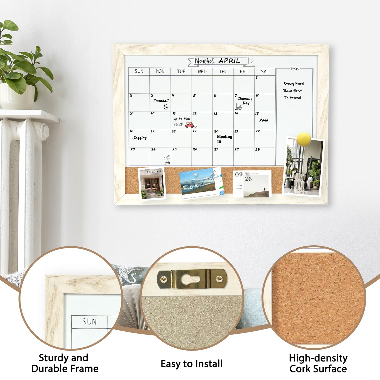 Monthly Whiteboard Calendar & Corkboard for Wall, Magnetic 16"x12" Dry Erase Board with White Wood Framed