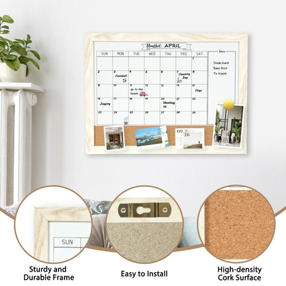 Monthly Whiteboard Calendar & Corkboard for Wall, Magnetic 16"x12" Dry Erase Board with White Wood Framed