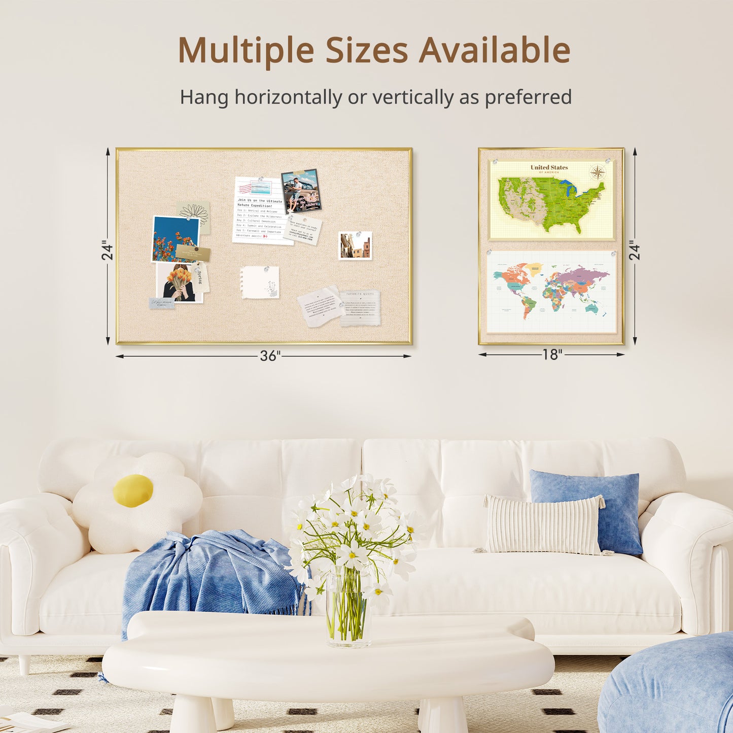Bulletin Board with Linen Cork Board for Wall Poster Board, Beige