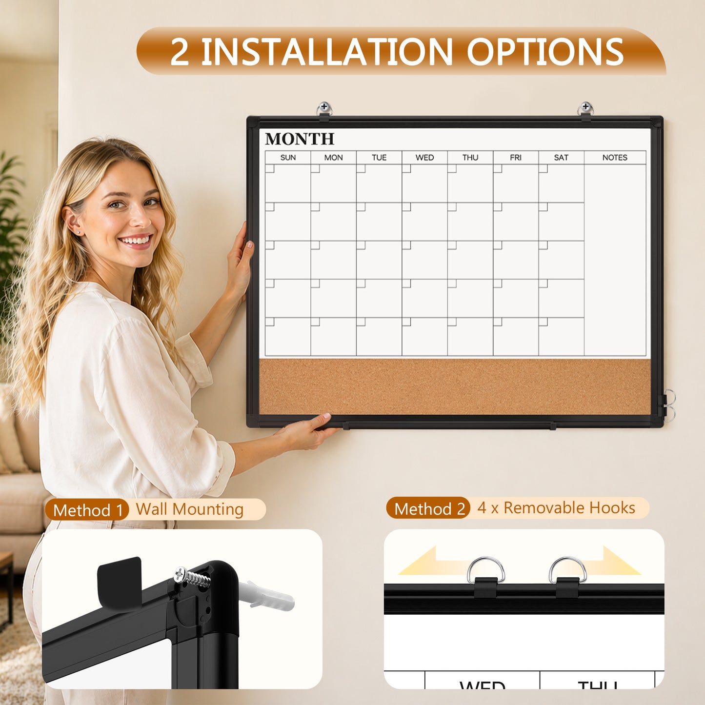 Monthly Calendar Whiteboard 24" x 18",36" x 24" Dry Erase Cork Board Combo Magnetic Double-Sided Calendar White Board and Bulletin Board