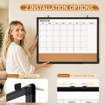 Monthly Calendar Whiteboard 24" x 18",36" x 24" Dry Erase Cork Board Combo Magnetic Double-Sided Calendar White Board and Bulletin Board