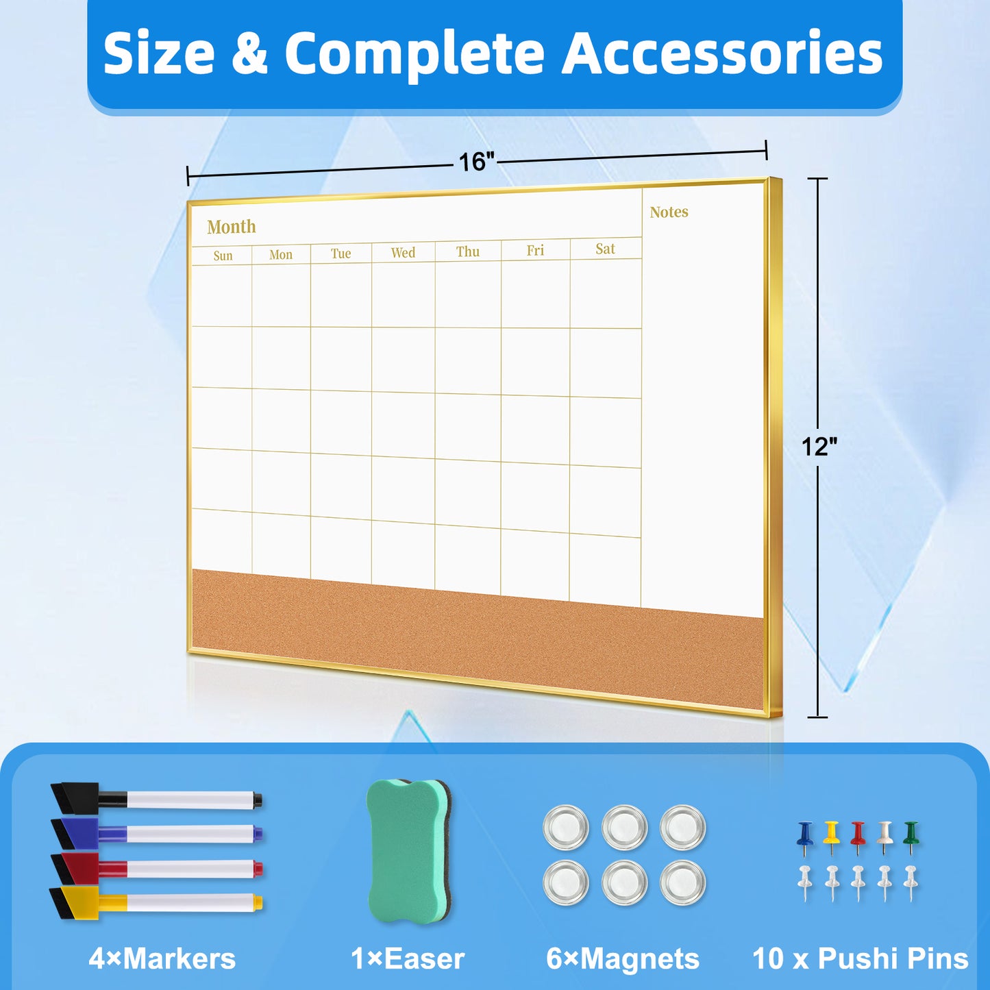 Whiteboard Calendar White Board Magnetic Dry Erase Board Cork Board Combo 16x12 inchs Reusable Monthly Planner for Wall