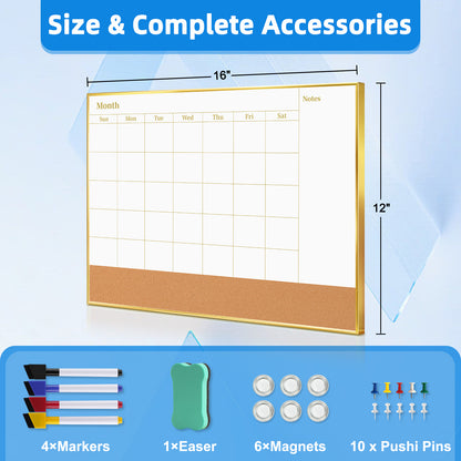 Whiteboard Calendar White Board Magnetic Dry Erase Board Cork Board Combo 16x12 inchs Reusable Monthly Planner for Wall