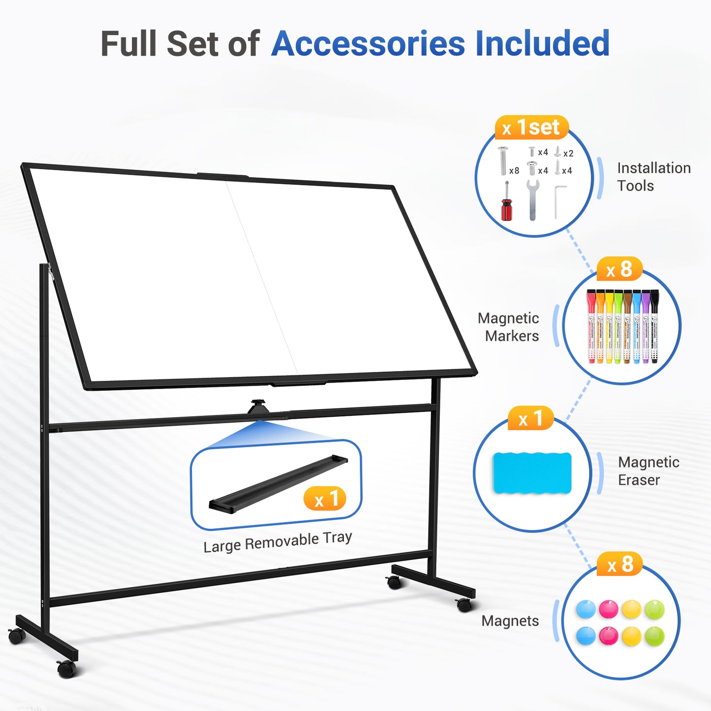 Rolling Whiteboard on Wheels 72"x40" Double-Sided Dry Erase Board with Stand Big White Board with Stand Portable Magnetic Mobile White Board, Black