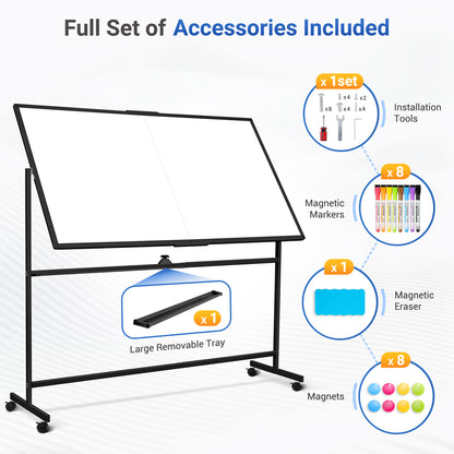 Rolling Whiteboard on Wheels 72"x40" Double-Sided Dry Erase Board with Stand Big White Board with Stand Portable Magnetic Mobile White Board, Black