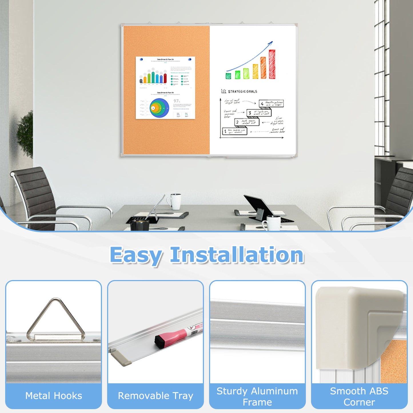 Foldable Cork Board Whiteboard Combo Double-Sided, Large Bulletin Board with 20 Pins 3 Markers 8 Magnets 1 Eraser