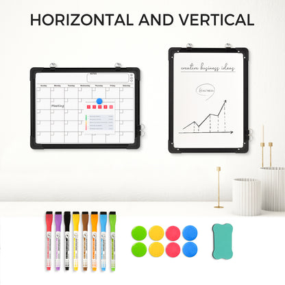 Whiteboard Calendar, Double-Sided, 16" x 12" Monthly Planner with 8 Markers 8 Magnets 1 Eraser-Black