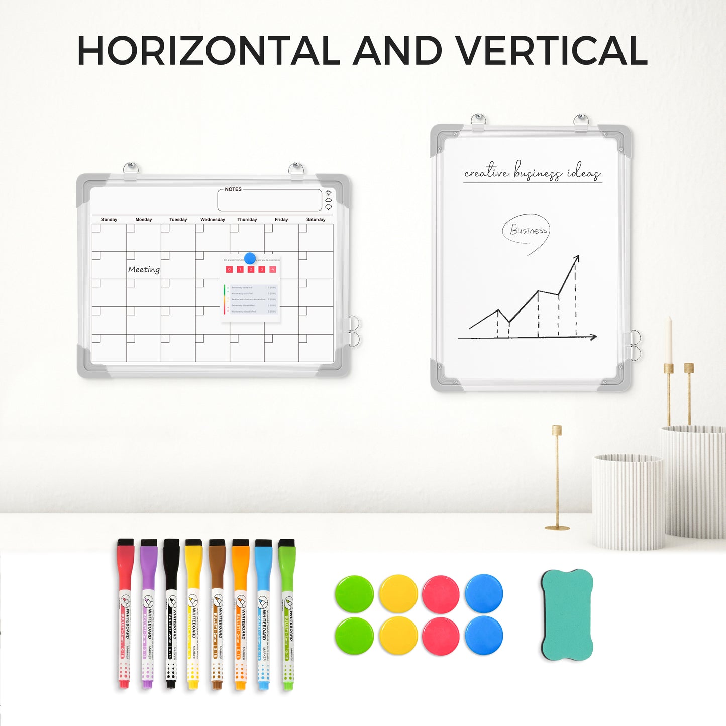 White Board Calendar, Double-Sided, 16" x 12" Monthly Planner with 8 Markers 8 Magnets 1 Eraser-Silver