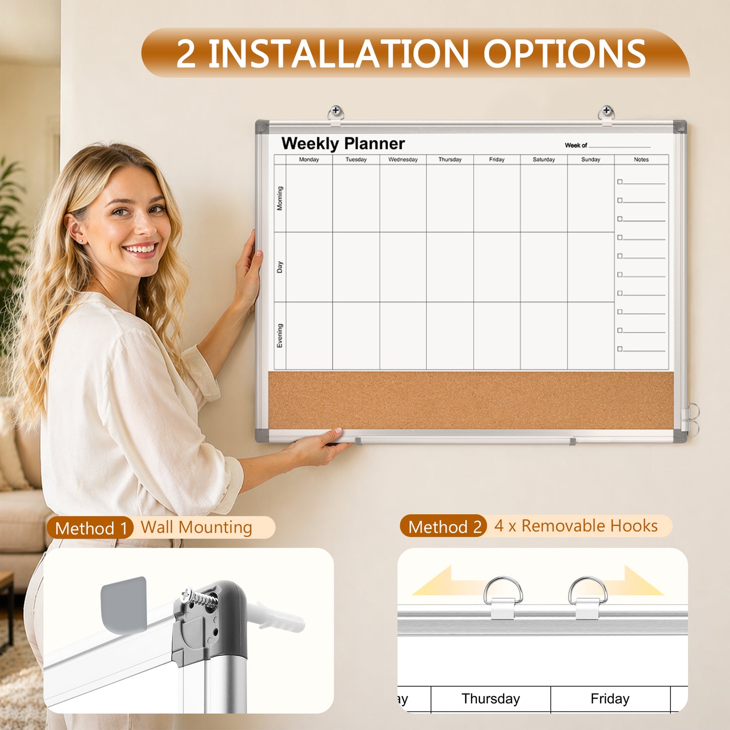 Weekly Dry Erase Calendar Whiteboard for Wall, 24" x 18" Double-Sided Weekly Planner White Board Cork Combo