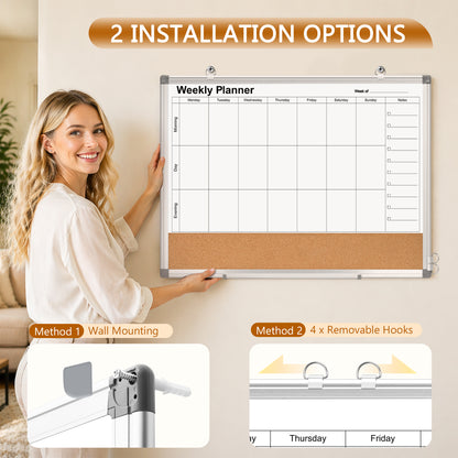 Weekly Dry Erase Calendar Whiteboard for Wall, 24" x 18" Double-Sided Weekly Planner White Board Cork Combo