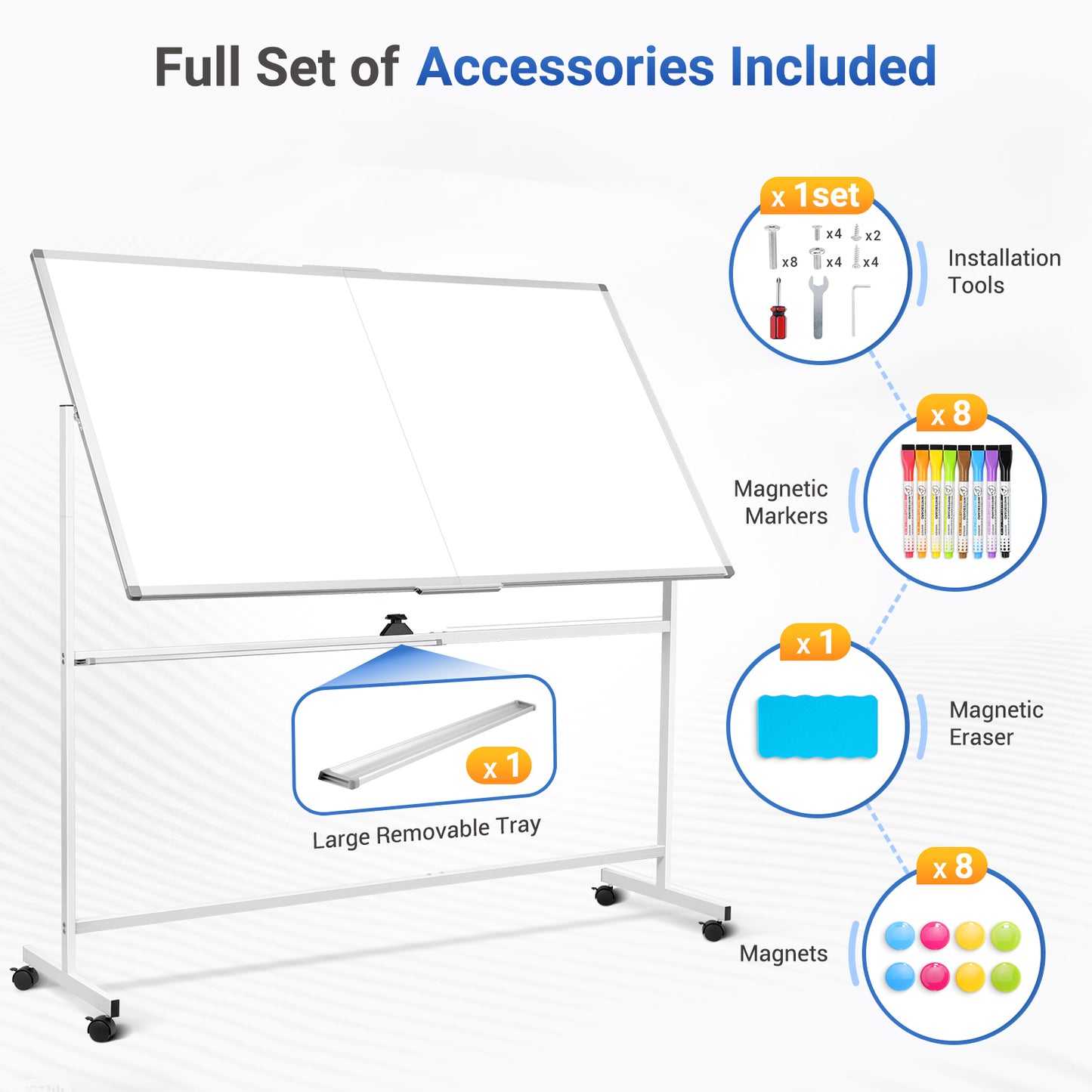 Rolling Whiteboard on Wheels 72"x40" Double-Sided Dry Erase Board with Stand Big White Board with Stand Portable Magnetic Mobile White Board, White