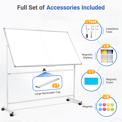 Rolling Whiteboard on Wheels 72"x40" Double-Sided Dry Erase Board with Stand Big White Board with Stand Portable Magnetic Mobile White Board, White