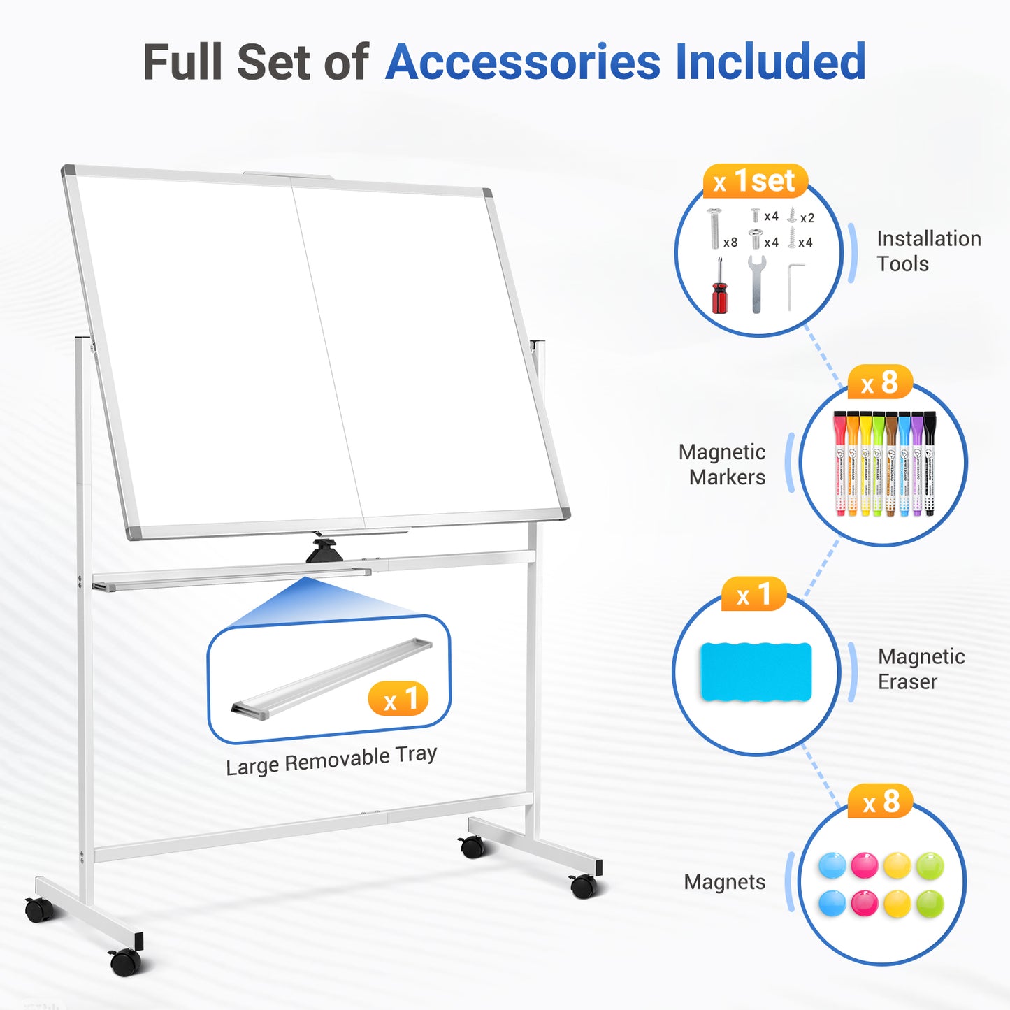 Rolling Dry Erase Board 48 x 36 Double Sided Easel Style Whiteboard with Wheels Mobile Standing White Board with Stand for Office, Classroom & Home, White