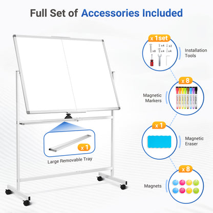 Rolling Dry Erase Board 48 x 36 Double Sided Easel Style Whiteboard with Wheels Mobile Standing White Board with Stand for Office, Classroom & Home, White