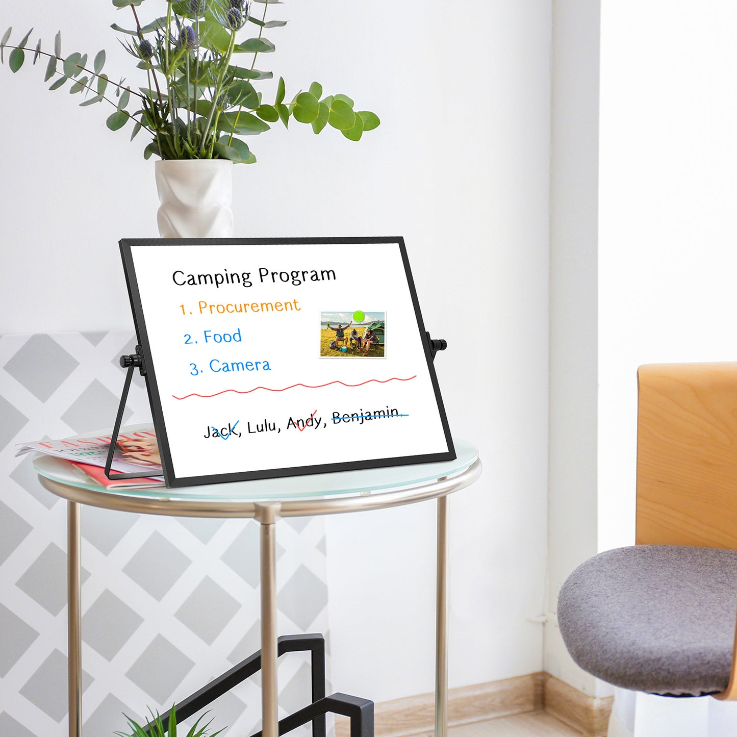 Small White Board with Stand, 16" x 12", Double-Sided with 8 Markers 8 Magnets 1 Eraser-Black