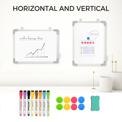 Small Dry Erase Board, 16" x 12", Double-Sided Magnetic Whiteboard with 8 Markers 8 Magnets 1 Eraser-Silver