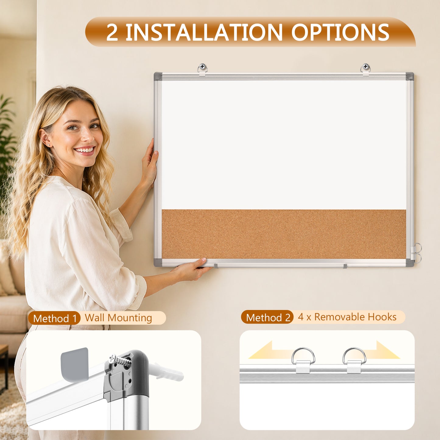 Dry Erase Board Double-Sided Whiteboard Cork Board Combo for Wall,  24" x 18", 36" x 24" Dry Erase White Board Corkboard Combination