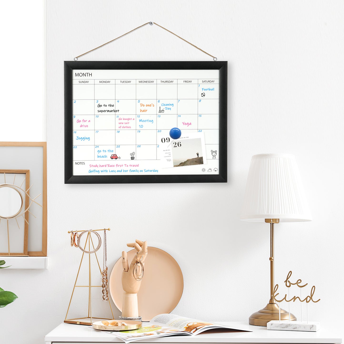 Dry Erase White Board & Monthly Calendar Board, Magnetic Whiteboard for Wall, 16"x12" Hanging Board
